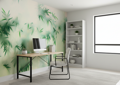 Modern home office with bamboo-themed wallpaper, desk, chair, and bookshelf.