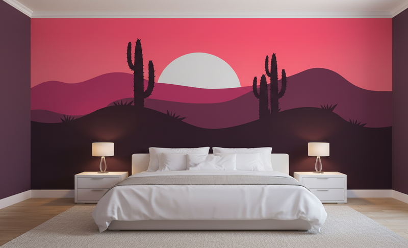 Modern bedroom with a desert-themed wall mural featuring cacti and a sunset.