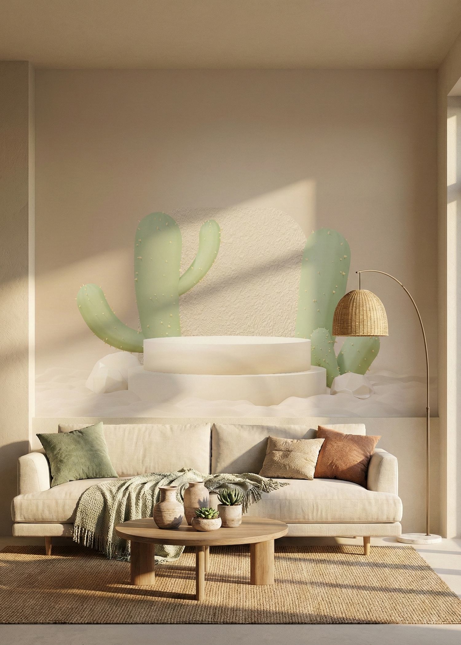 Modern living room with a beige sofa, wooden coffee table, and decorative elements.