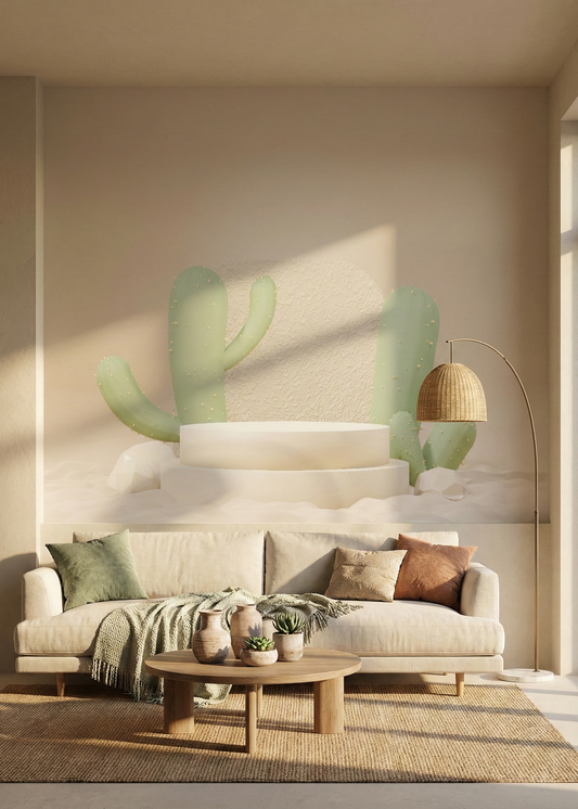 Modern living room with a beige sofa, wooden coffee table, and decorative elements.