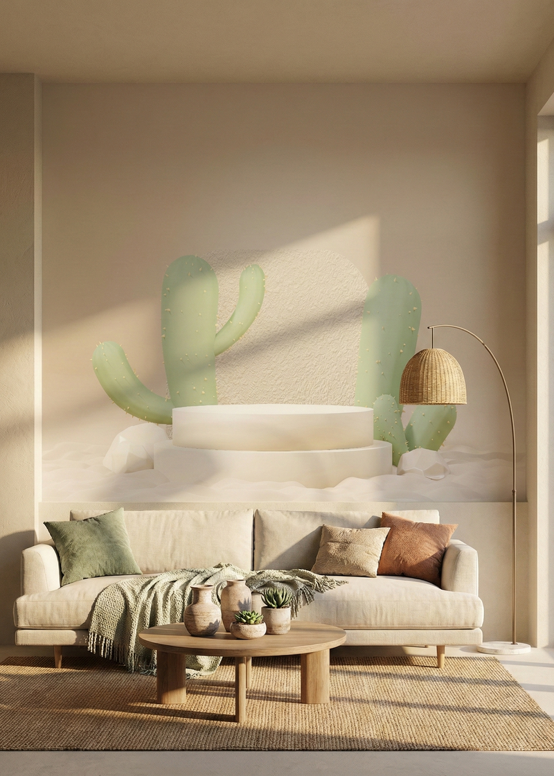 Modern living room with a beige sofa, wooden coffee table, and decorative elements.