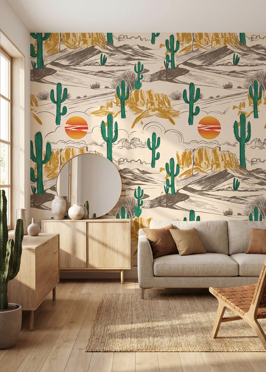Living room with a desert-themed wall mural featuring cacti and mountains.
