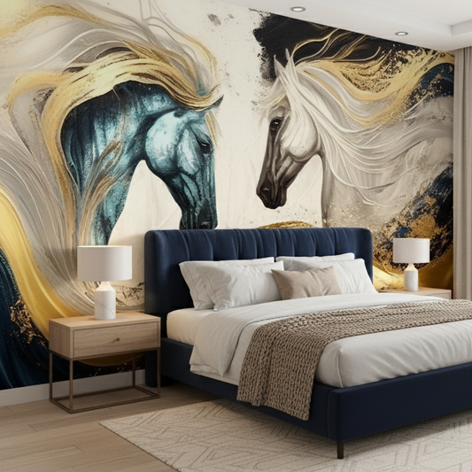 Majestic Horse Wall Mural, Abstract Blue Gold Equine Art Print
