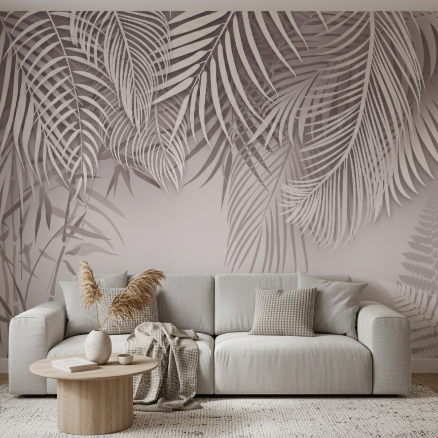 Living room with a gray sofa against a wall with leaf pattern