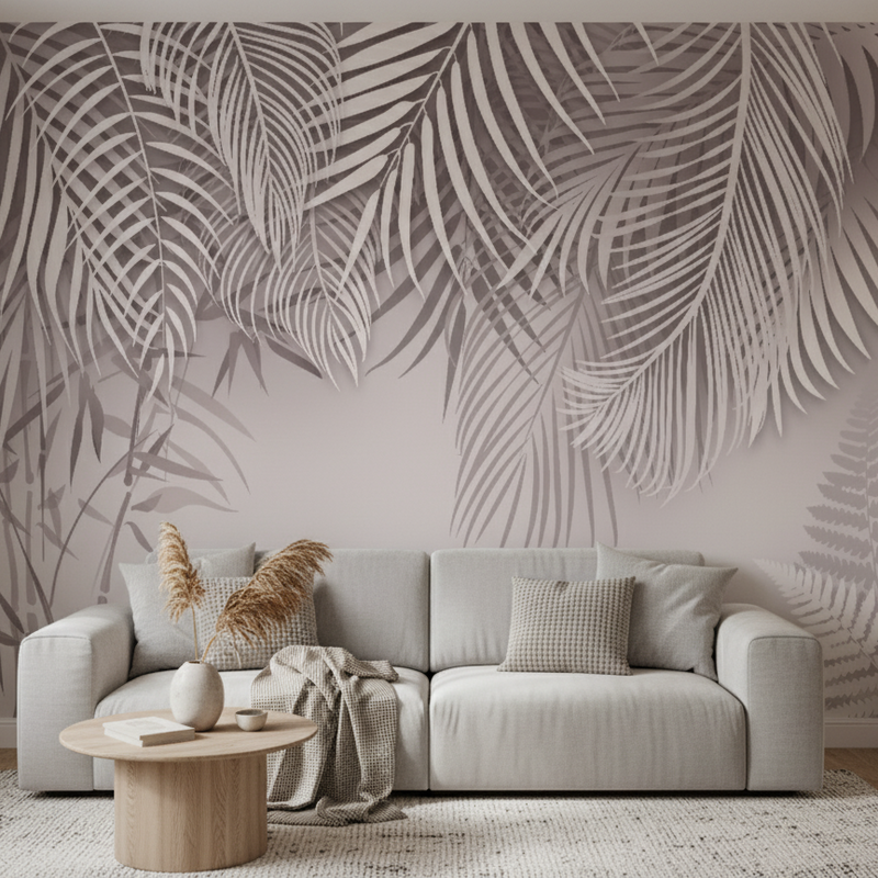 Living room with a gray sofa against a wall with leaf pattern