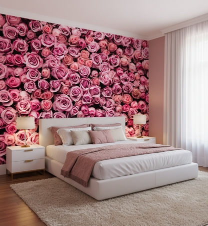 Bedroom with a floral wall mural and white bed