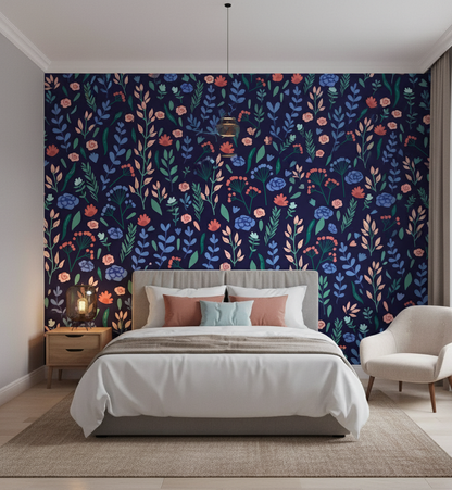 Modern bedroom with floral wallpaper, bed, and chair.