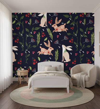Bedroom with a dark blue wall featuring rabbit and floral pattern, white bed, and beige armchair.