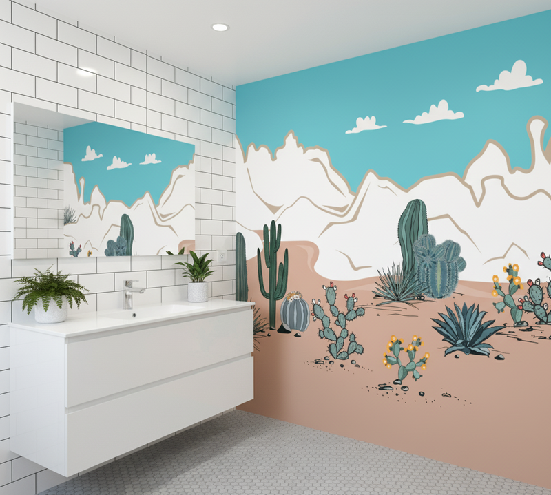 Bathroom with desert-themed wall mural featuring cacti and mountains.