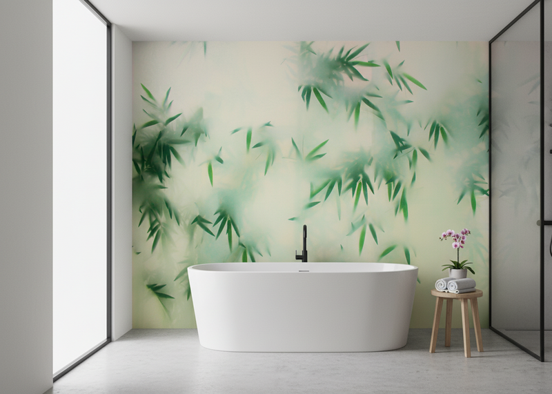 Modern bathroom with a freestanding bathtub against a wall with green leaf pattern