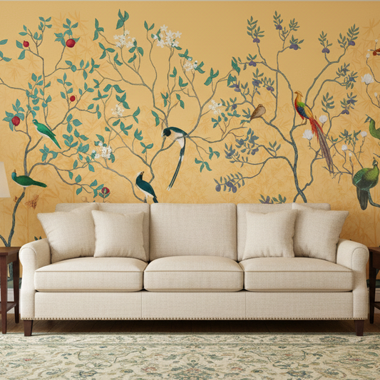 Golden Aviary Mural, Birds & Blossoms on a Warm Botanical Canvas