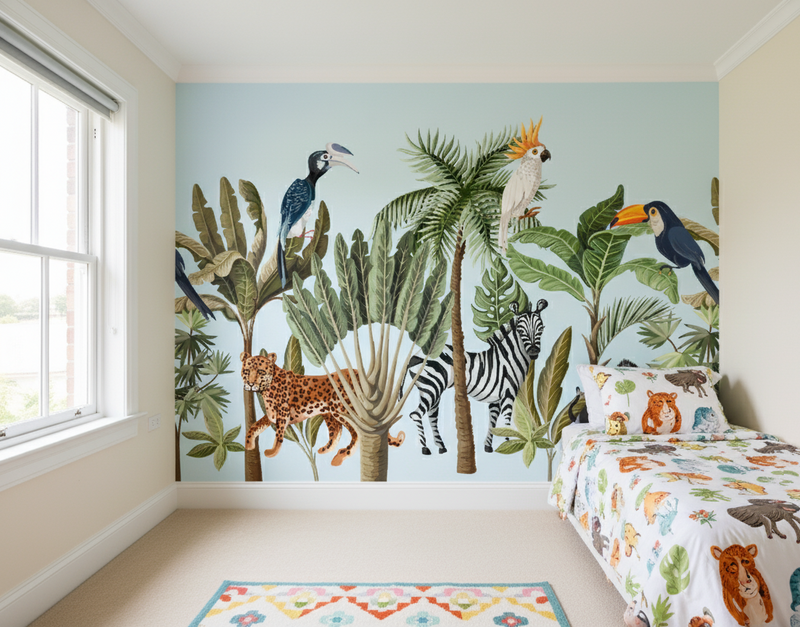 Children's room with jungle-themed wall mural and bedding