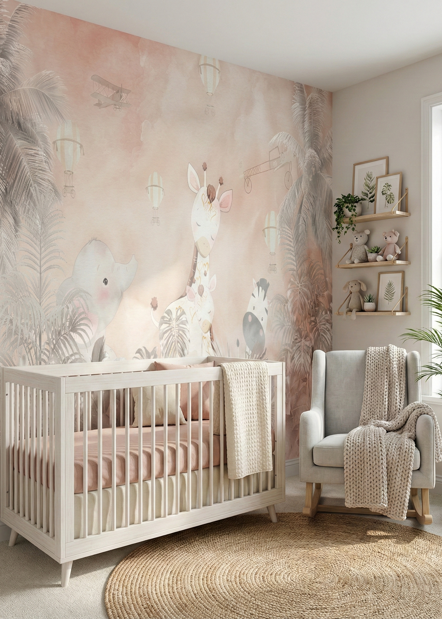 Nursery room with crib, armchair, and decorative wall mural.