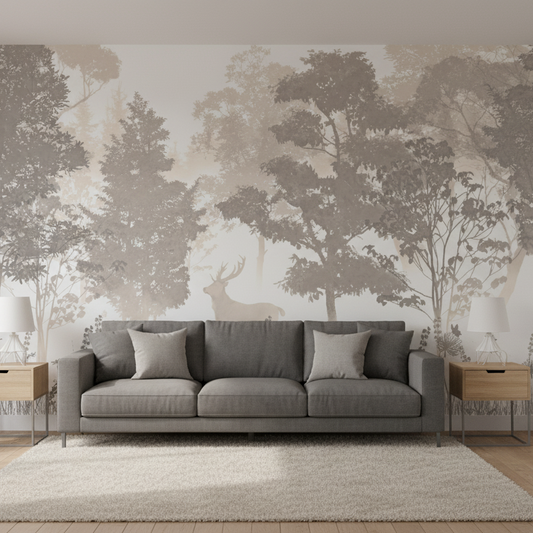 Serene Forest Mural with Deer Silhouette - Dewaar