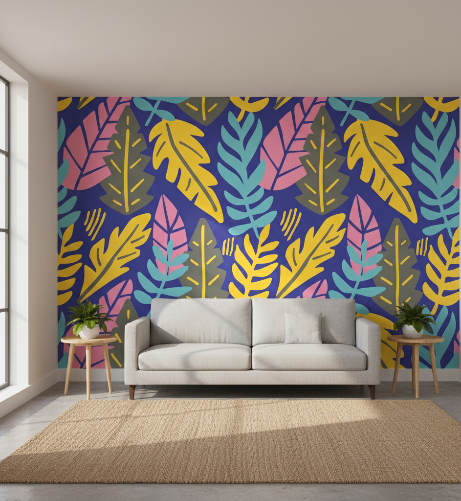 Living room with a colorful leaf-patterned wall mural and a white sofa.