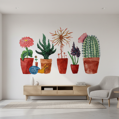 Living room with decorative wall art of potted plants