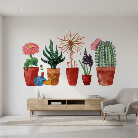 Living room with decorative wall art of potted plants