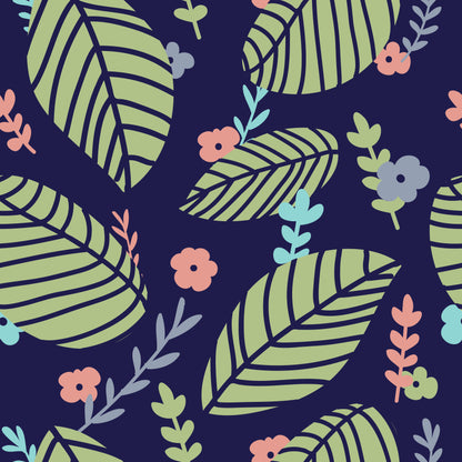 Bold Botanical Wallpaper, Dark Blue with Green Leaves & Pastel Florals