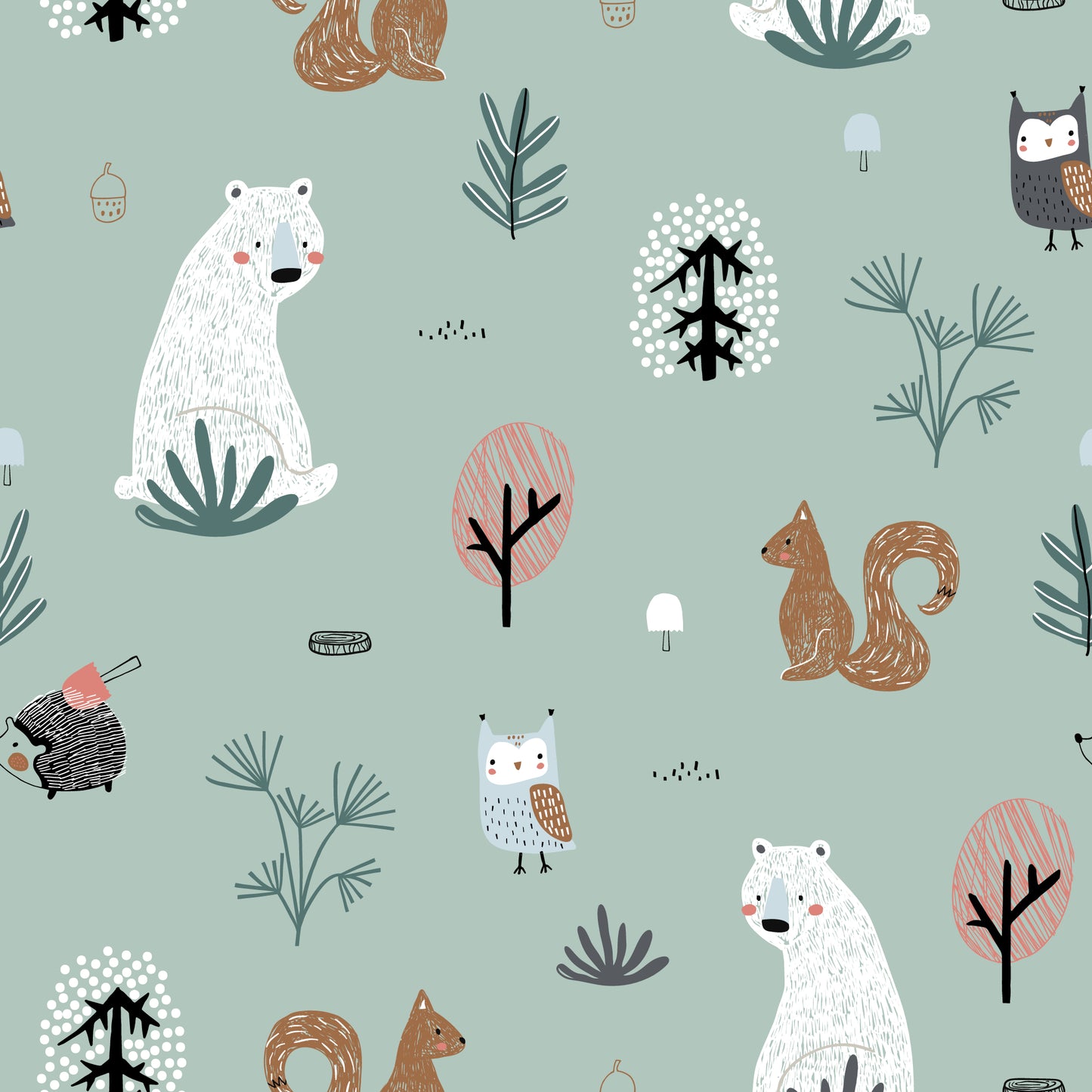 Forest Friends Nursery Mural, Soft Green Woodland Animal Design