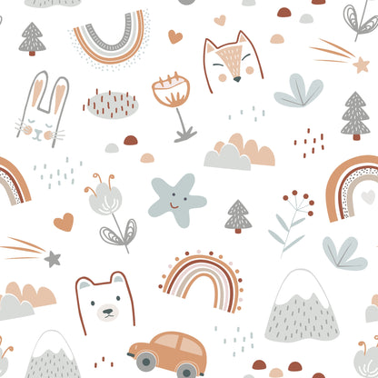Pastel Rainbow Nursery Wallpaper, Whimsical Forest & Animal Design