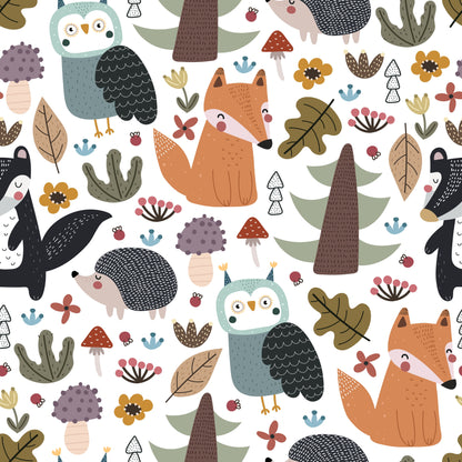 Pattern of forest animals including foxes, owls, and hedgehogs on a white background.