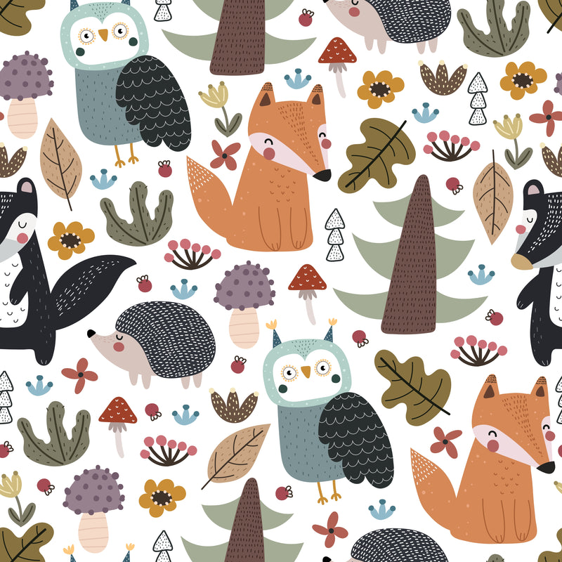 Pattern of forest animals including foxes, owls, and hedgehogs on a white background.
