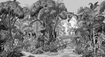 Black & White Jungle Mural, Custom Tropical Wall Art with Trees - Dewaar