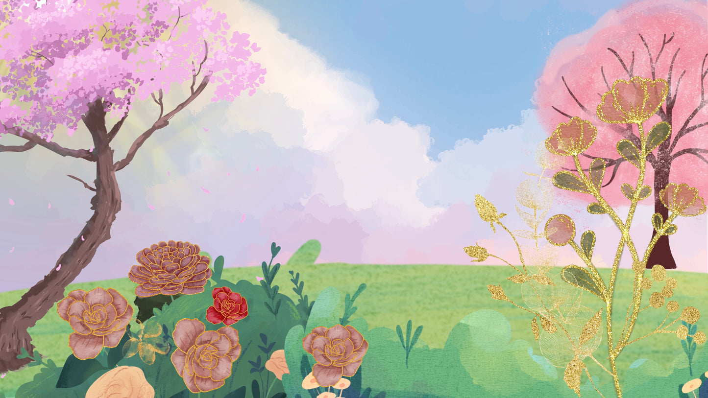 Enchanted Pink Cherry Blossom & Gold Floral Wall Mural