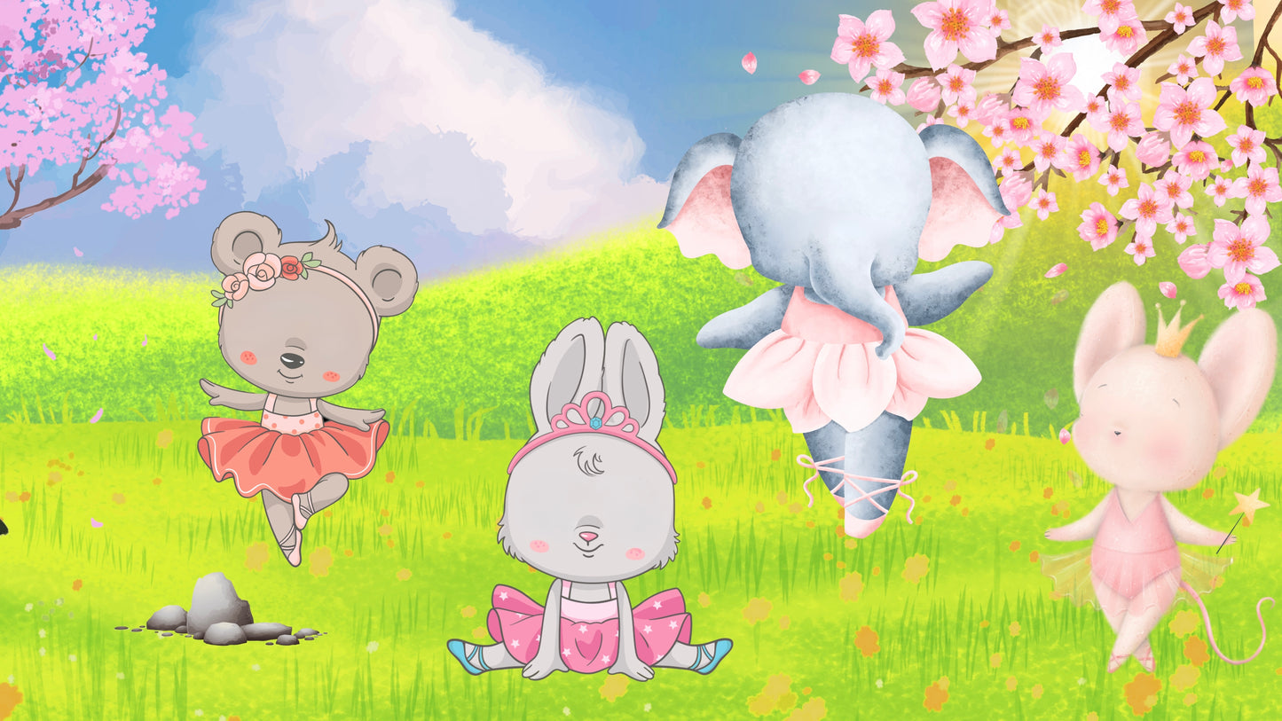 Ballerina Animals Nursery Wall Mural, Cute Elephant and Bunny Kids Room Art