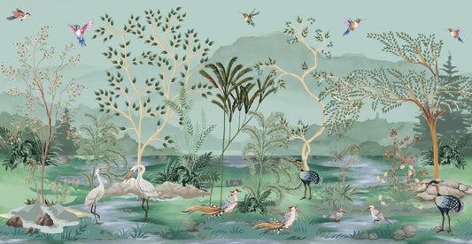 Ethereal Nature Scene Mural, Playful Heron and Toucan Décor