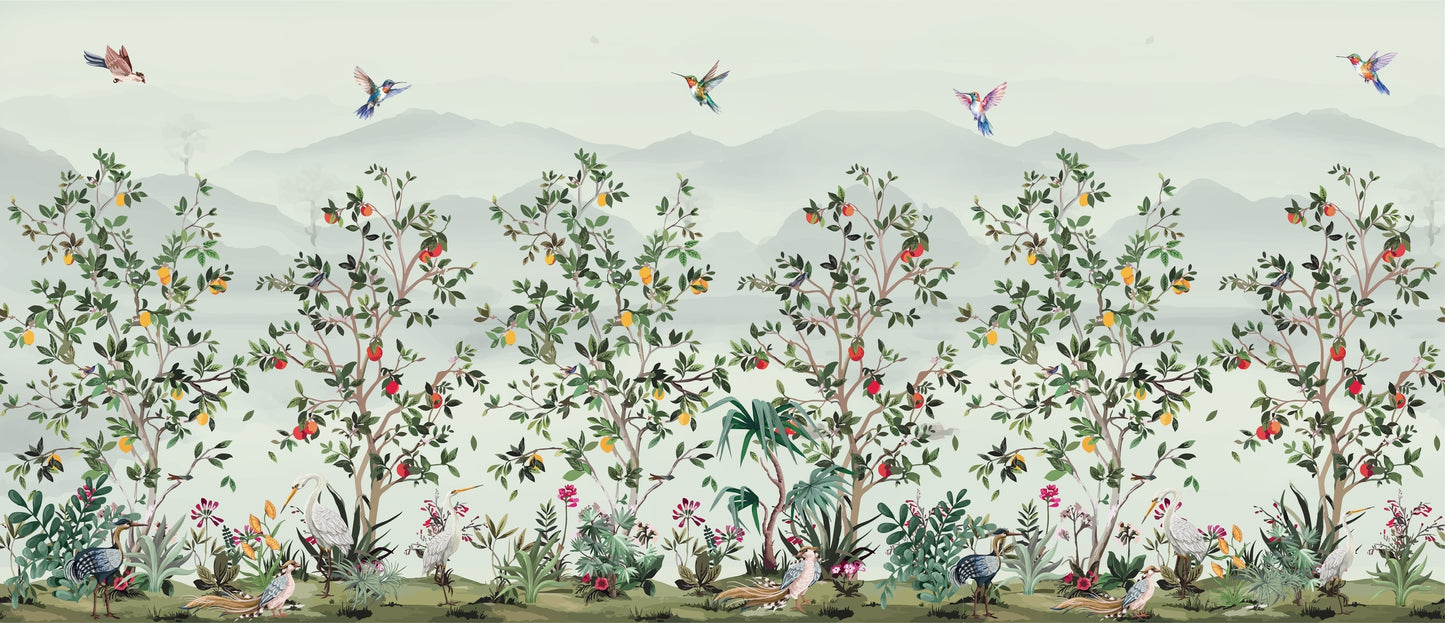Botanical Grove Wall Mural, Hummingbird Décor, Lush Garden Scene