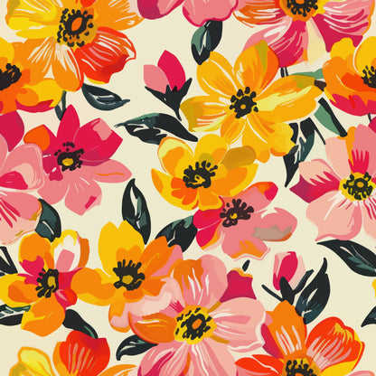 Large Scale Watercolor Floral Mural - Yellow & Pink Blooms