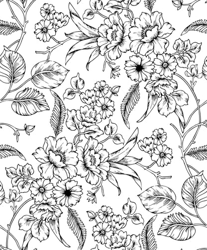 Black and White Elegant Floral Sketch Mural