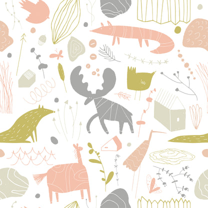 Whimsy Wild Mural, Playful Animals & Pastel Shapes for Modern Nurseries