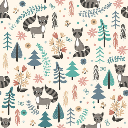 Raccoon Meadow Mural, Whimsical Forest Friends in Soft Pastels
