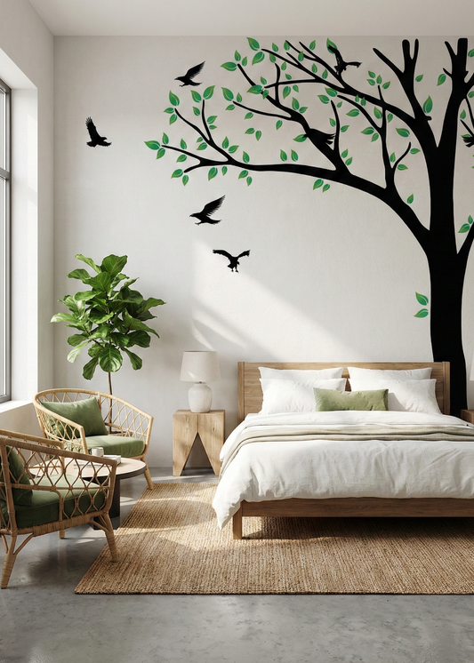 Bedroom with a large tree wall decal, birds, and a plant.