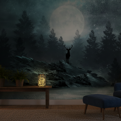 Moonlit Wilderness Mural, Stag & Pine Forest Under a Misty Night Sky