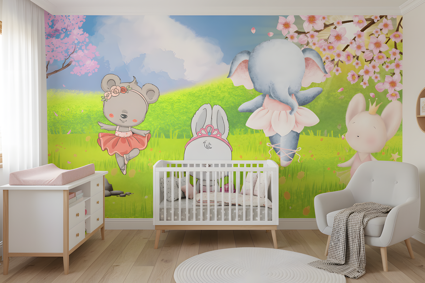 Nursery room with cartoon wall mural featuring animals and a crib.