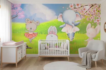 Nursery room with cartoon wall mural featuring animals and a crib.