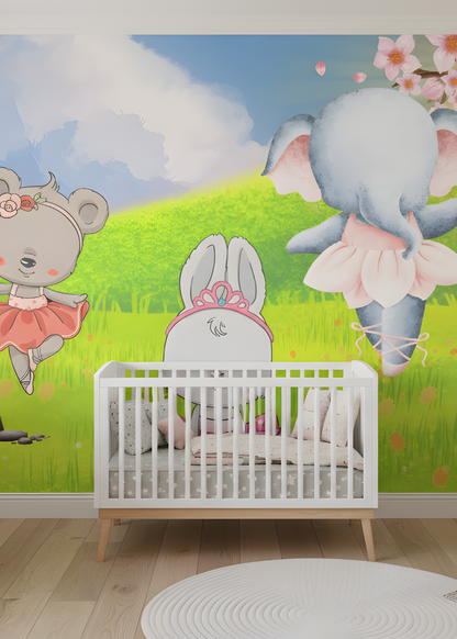 Ballerina Animals Nursery Wall Mural, Cute Elephant and Bunny Kids Room Art