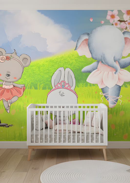 Ballerina Animals Nursery Wall Mural, Cute Elephant and Bunny Kids Room Art