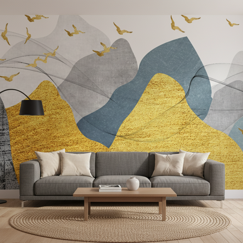 Abstract Mountain Mural with Gold & Blue Accents - Dewaar