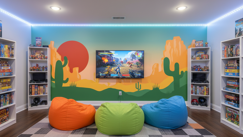 Children's playroom with colorful bean bags, bookshelves, and a wall mural.