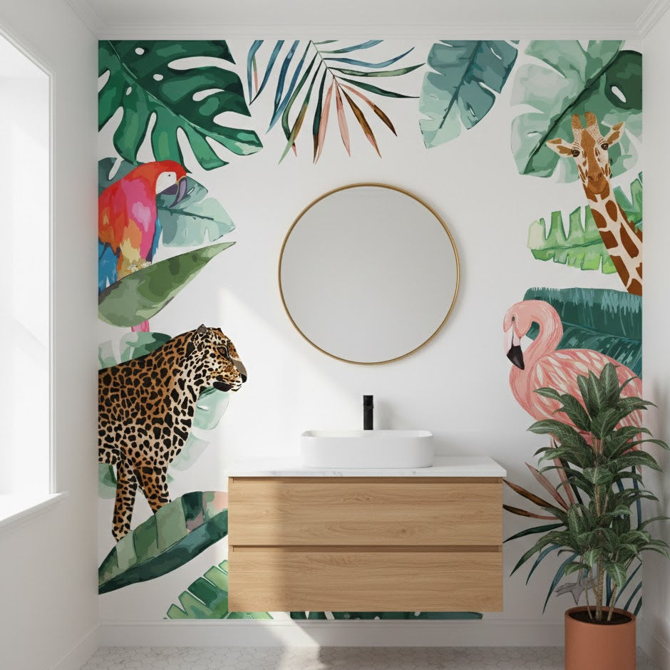 Bathroom with jungle-themed wallpaper featuring animals and plants, wooden vanity, and round mirror.