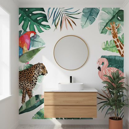 Bathroom with jungle-themed wallpaper featuring animals and plants, wooden vanity, and round mirror.