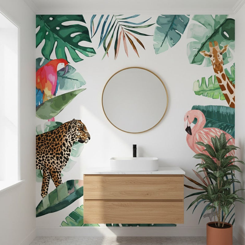 Bathroom with jungle-themed wallpaper featuring animals and plants, wooden vanity, and round mirror.