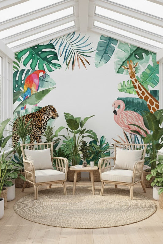 Watercolor Jungle Friends Wall Mural - Tropical Safari Animals & Palm Leaves