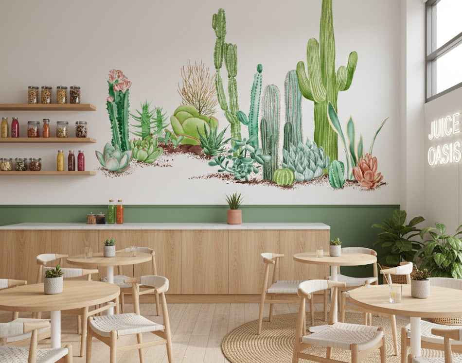 Desert Horizon Panorama Wall Mural - Sage Green Illustrated Cactus Scene