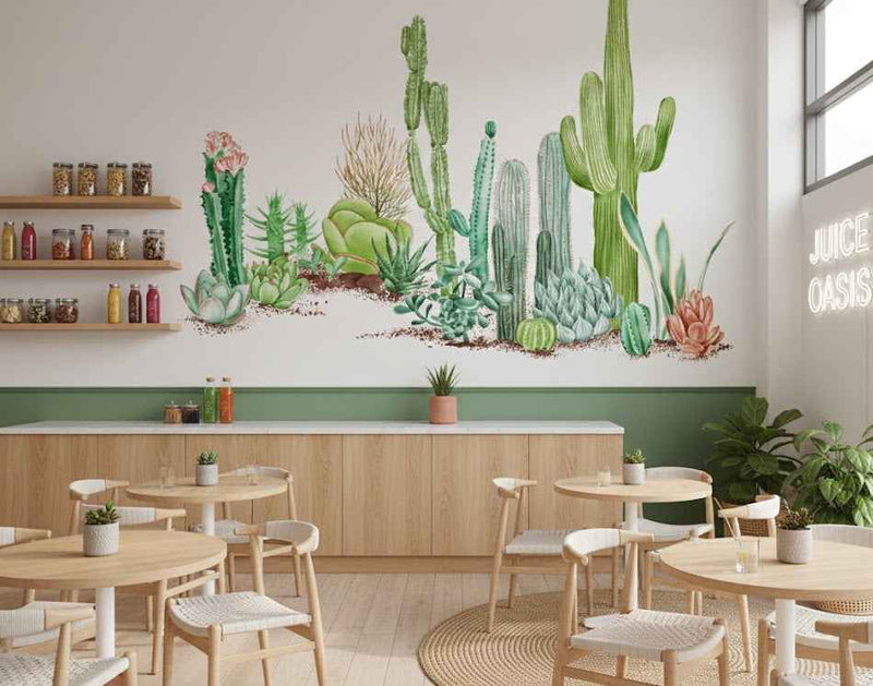 Desert Horizon Panorama Wall Mural - Sage Green Illustrated Cactus Scene