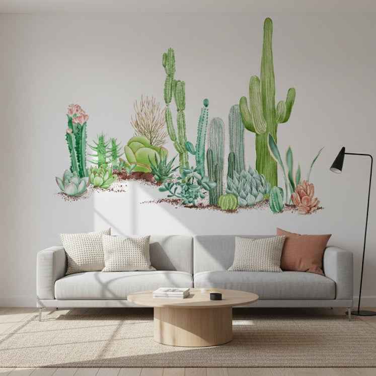 Desert Horizon Panorama Wall Mural - Sage Green Illustrated Cactus Scene